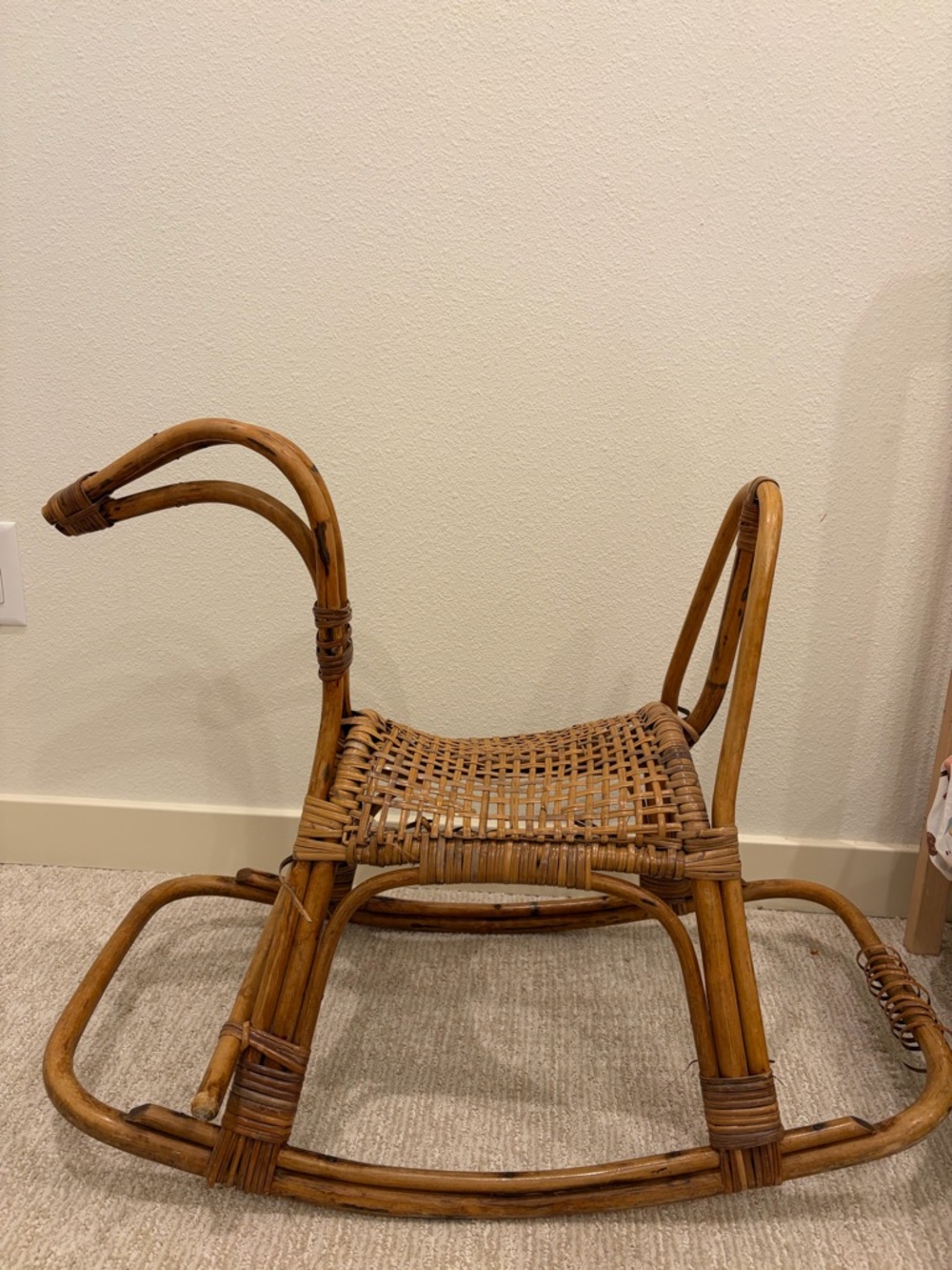 Vintage Wicker Rattan Rocking Toy Horse - Brown